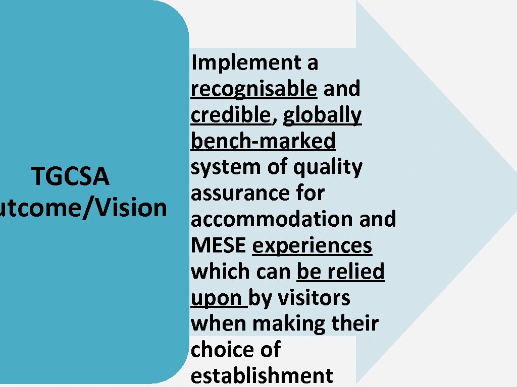  • Implement a recognisable and credible, globally bench-marked system of quality TGCSA assurance