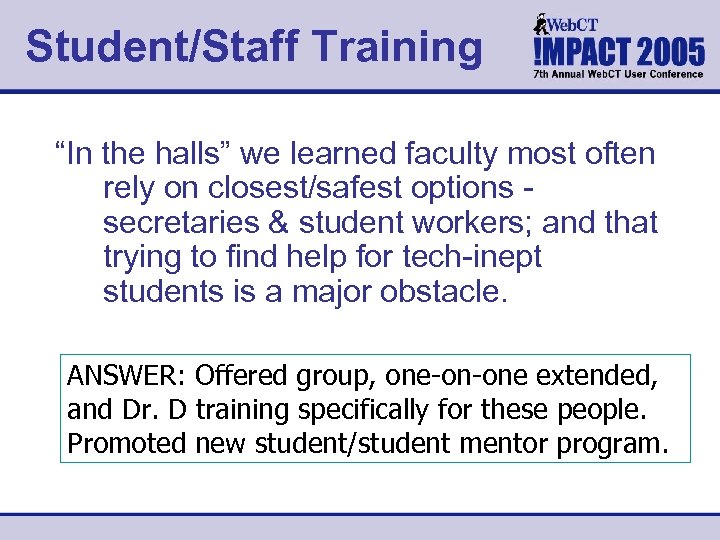 Student/Staff Training “In the halls” we learned faculty most often rely on closest/safest options