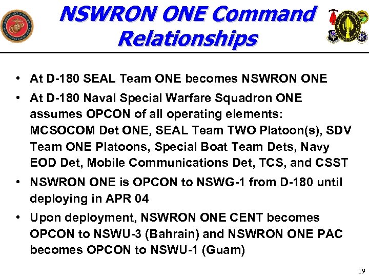 NSWRON ONE Command Relationships • At D-180 SEAL Team ONE becomes NSWRON ONE •