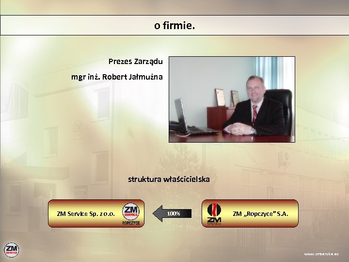 o firmie. Prezes Zarządu mgr inż. Robert Jałmużna struktura właścicielska ZM Service Sp. z