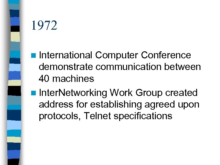 1972 n International Computer Conference demonstrate communication between 40 machines n Inter. Networking Work