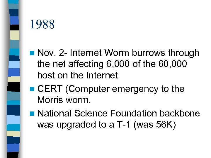 1988 n Nov. 2 - Internet Worm burrows through the net affecting 6, 000