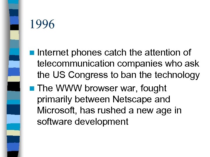 1996 n Internet phones catch the attention of telecommunication companies who ask the US