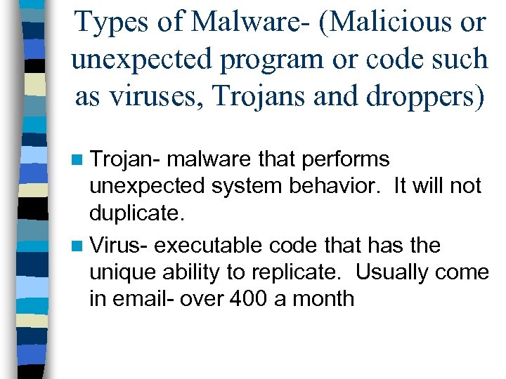 Types of Malware- (Malicious or unexpected program or code such as viruses, Trojans and