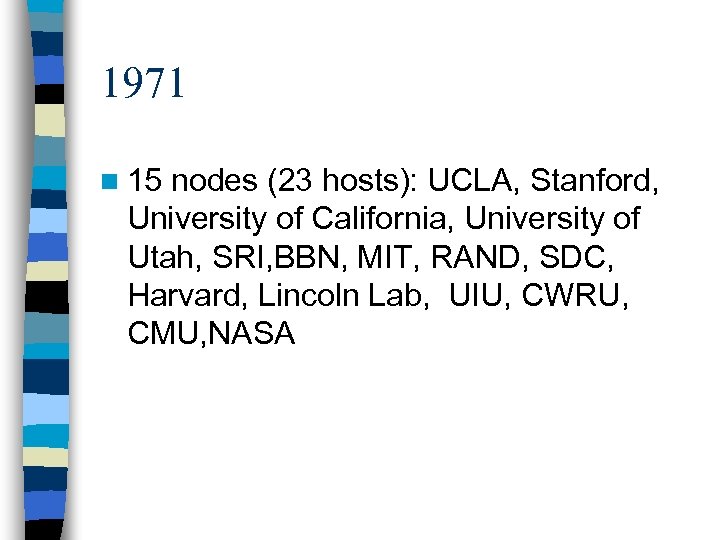 1971 n 15 nodes (23 hosts): UCLA, Stanford, University of California, University of Utah,