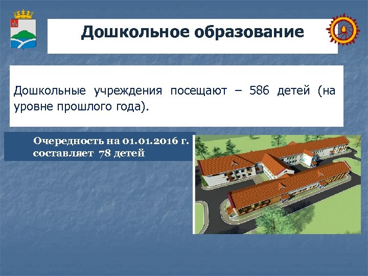 Дошкольное образование В районе зарегистрировано 878 детей от 0 до 7 лет. Дошкольные учреждения