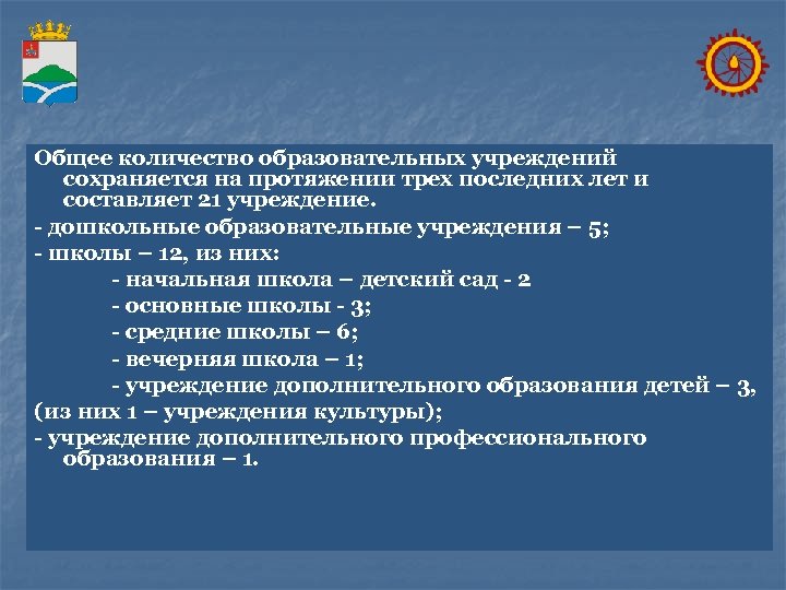Общее количество образовательных учреждений сохраняется на протяжении трех последних лет и составляет 21 учреждение.