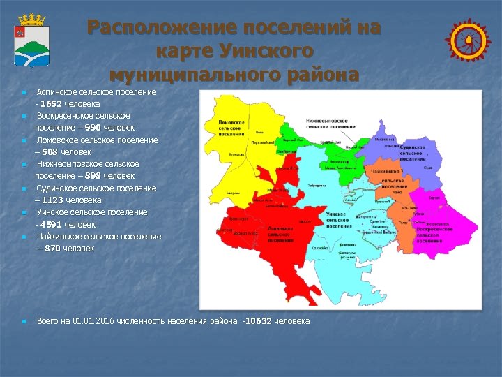 Расположение поселений на карте Уинского муниципального района n n n n Аспинское сельское поселение