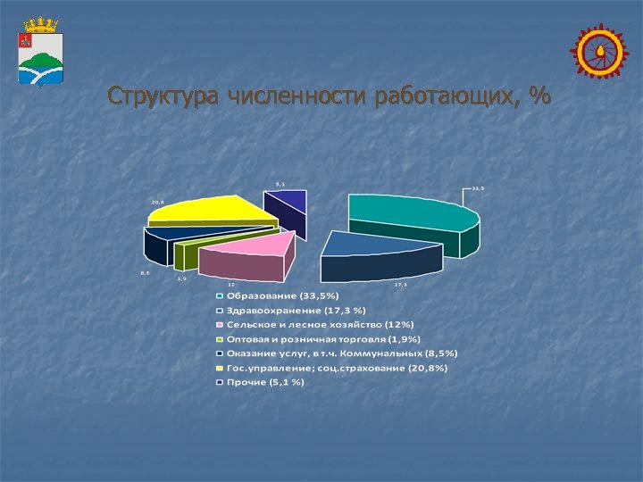Структура численности работающих, % 