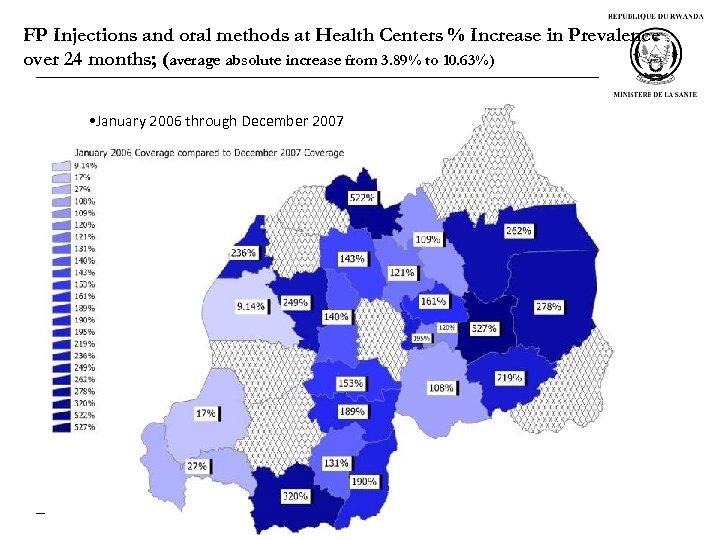 FP Injections and oral methods at Health Centers % Increase in Prevalence over 24