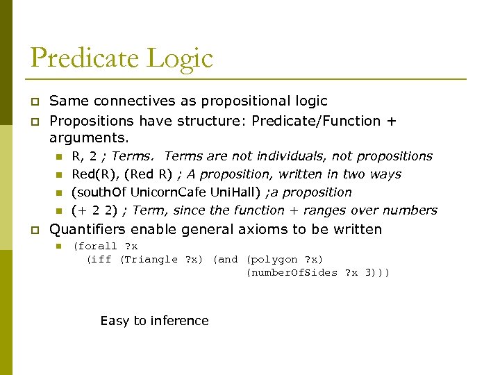 Predicate Logic p p Same connectives as propositional logic Propositions have structure: Predicate/Function +