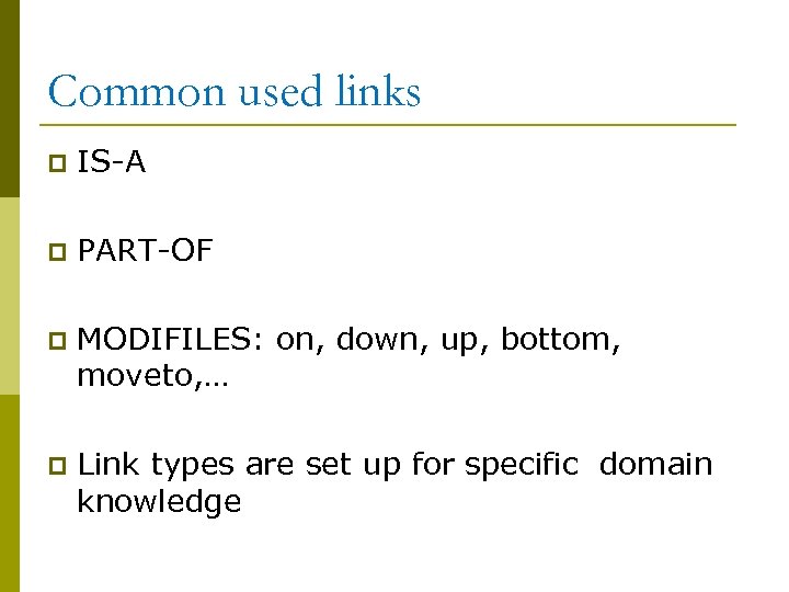 Common used links p IS-A p PART-OF p MODIFILES: on, down, up, bottom, moveto,