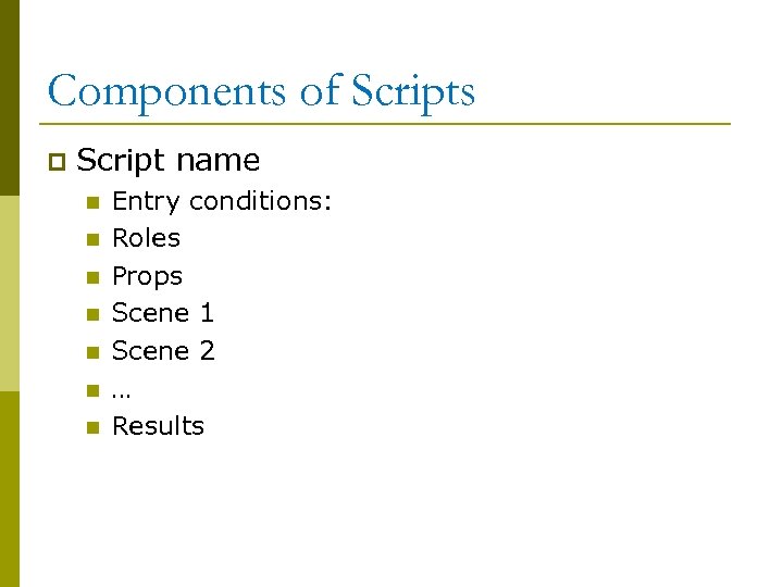 Components of Scripts p Script name n n n n Entry conditions: Roles Props