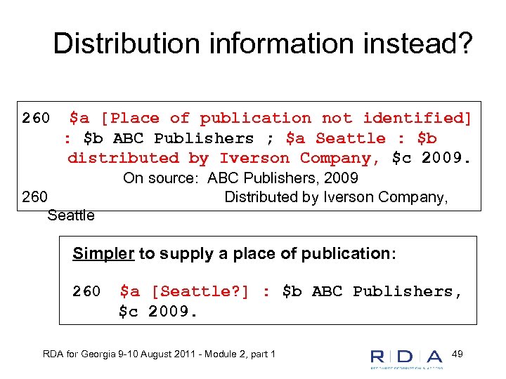 Distribution information instead? 260 $a [Place of publication not identified] : $b ABC Publishers