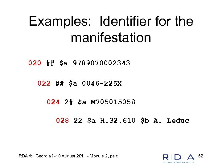 Examples: Identifier for the manifestation 020 ## $a 9789070002343 022 ## $a 0046 -225