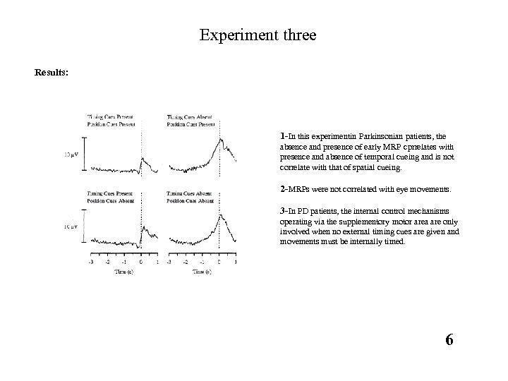 Experiment three Results: 1 -In this experimentin Parkinsonian patients, the absence and presence of