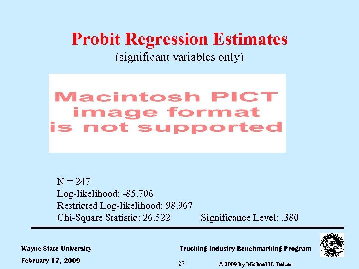Probit Regression Estimates (significant variables only) N = 247 Log-likelihood: -85. 706 Restricted Log-likelihood: