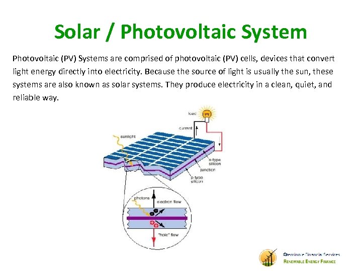 Solar / Photovoltaic System Photovoltaic (PV) Systems are comprised of photovoltaic (PV) cells, devices