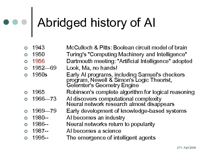 Abridged history of AI ¢ ¢ ¢ 1943 1950 1956 1952— 69 1950 s