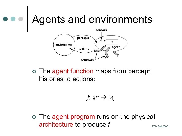 Agents and environments ¢ The agent function maps from percept histories to actions: [f: