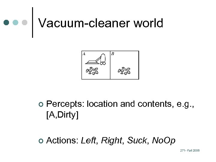 Vacuum-cleaner world ¢ Percepts: location and contents, e. g. , [A, Dirty] ¢ Actions: