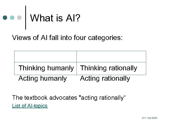 What is AI? Views of AI fall into four categories: Thinking humanly Thinking rationally