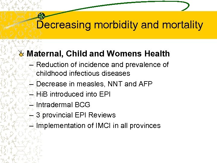 Decreasing morbidity and mortality Maternal, Child and Womens Health – Reduction of incidence and