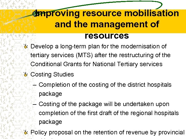 Improving resource mobilisation and the management of resources Develop a long-term plan for the