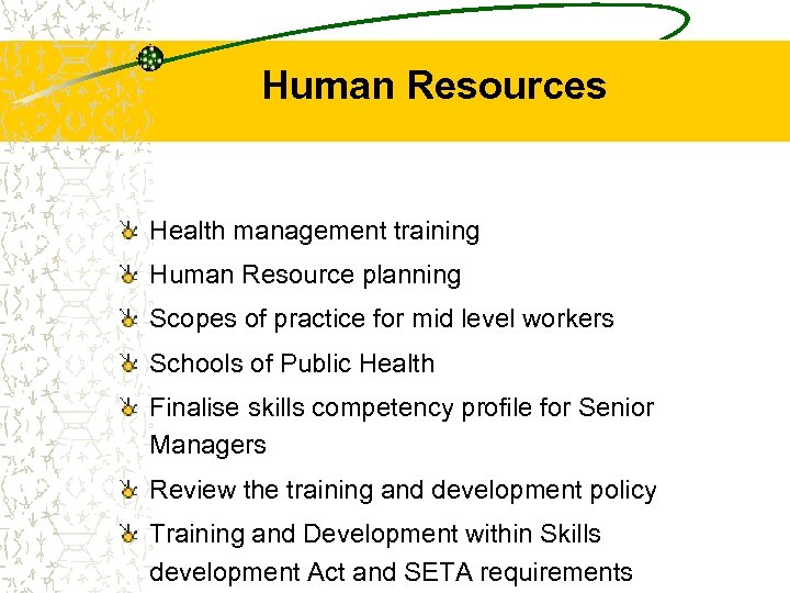Human Resources Health management training Human Resource planning Scopes of practice for mid level