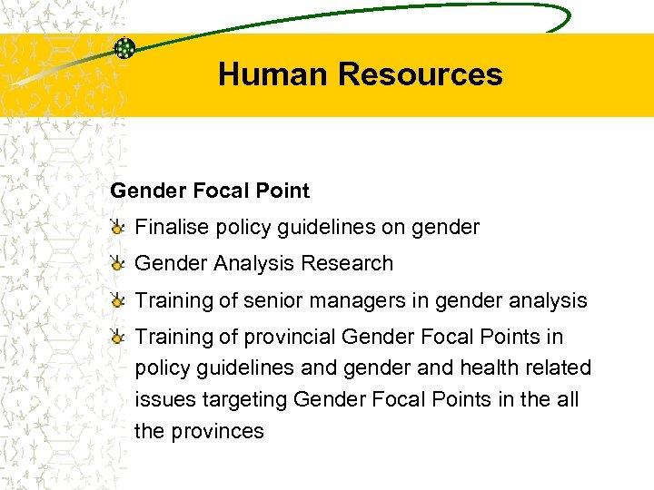 Human Resources Gender Focal Point Finalise policy guidelines on gender Gender Analysis Research Training