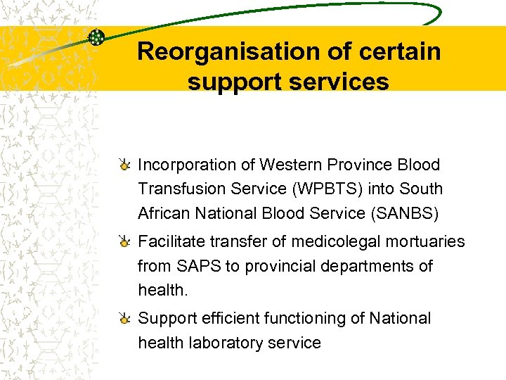 Reorganisation of certain support services Incorporation of Western Province Blood Transfusion Service (WPBTS) into