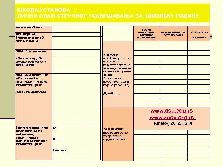 ШКОЛА/УСТАНОВА : ЛИЧНИ ПЛАН СТРУЧНОГ УСАВРШАВАЊА ЗА ШКОЛСКУ ГОДИНУ ИМЕ И ПРЕЗИМЕ НАЗИВ ПЛАНИРАНОГ