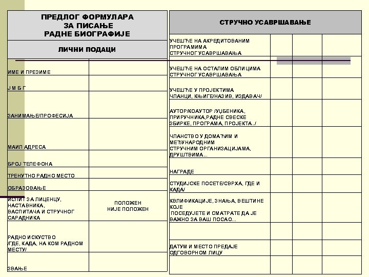 ПРЕДЛОГ ФОРМУЛАРА ЗА ПИСАЊЕ РАДНЕ БИОГРАФИЈЕ УЧЕШЋЕ НА АКРЕДИТОВАНИМ ПРОГРАМИМА СТРУЧНОГ УСАВРШАВАЊА УЧЕШЋЕ НА