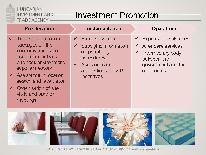 Investment Promotion Pre-decision ü Tailored information packages on the economy, industrial sectors, incentives, business