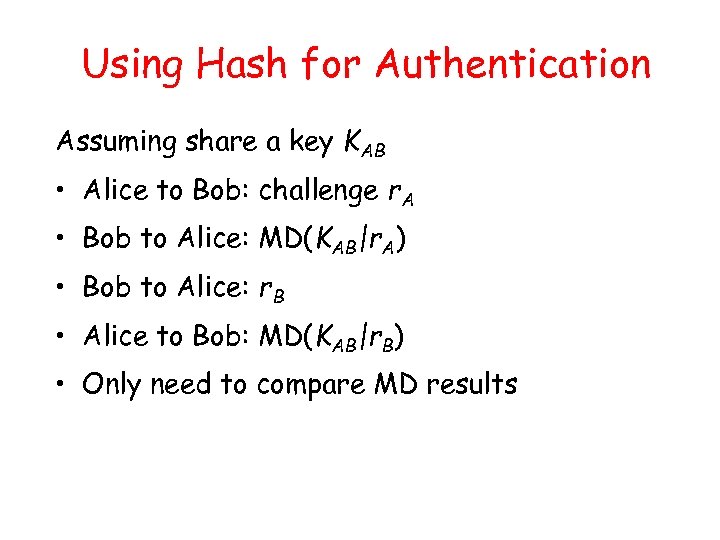 Using Hash for Authentication Assuming share a key KAB • Alice to Bob: challenge