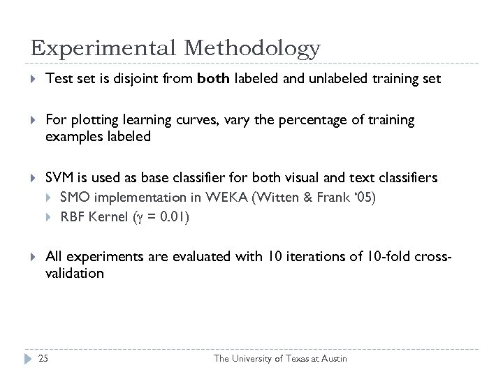 Experimental Methodology Test set is disjoint from both labeled and unlabeled training set For