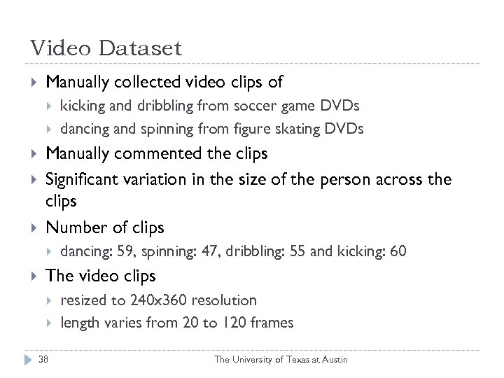 Video Dataset Manually collected video clips of Manually commented the clips Significant variation in