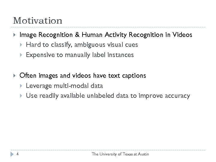 Motivation Image Recognition & Human Activity Recognition in Videos Hard to classify, ambiguous visual