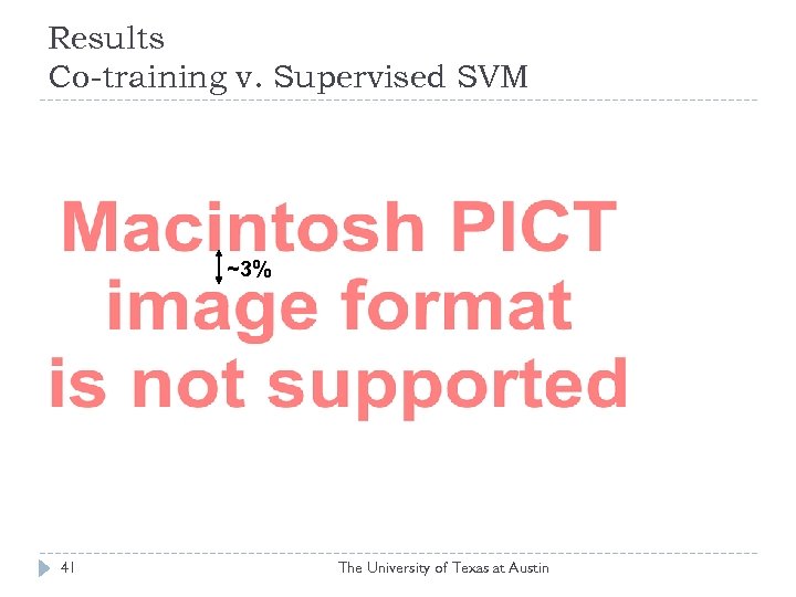 Results Co-training v. Supervised SVM ~3% 41 The University of Texas at Austin 