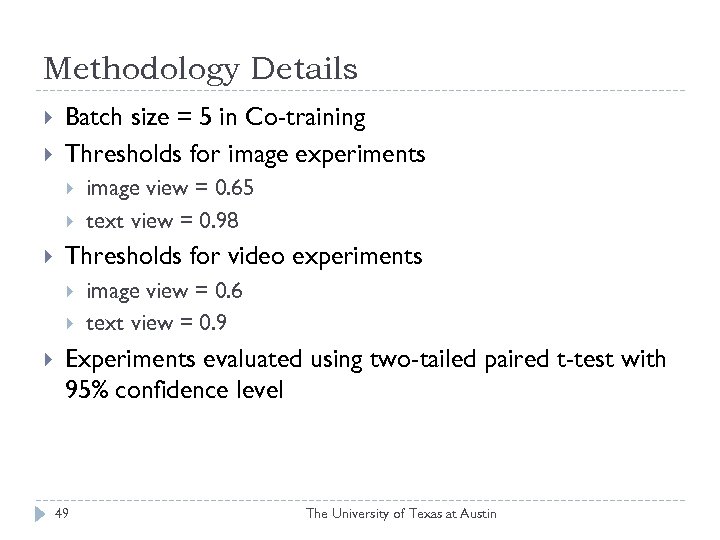 Methodology Details Batch size = 5 in Co-training Thresholds for image experiments Thresholds for