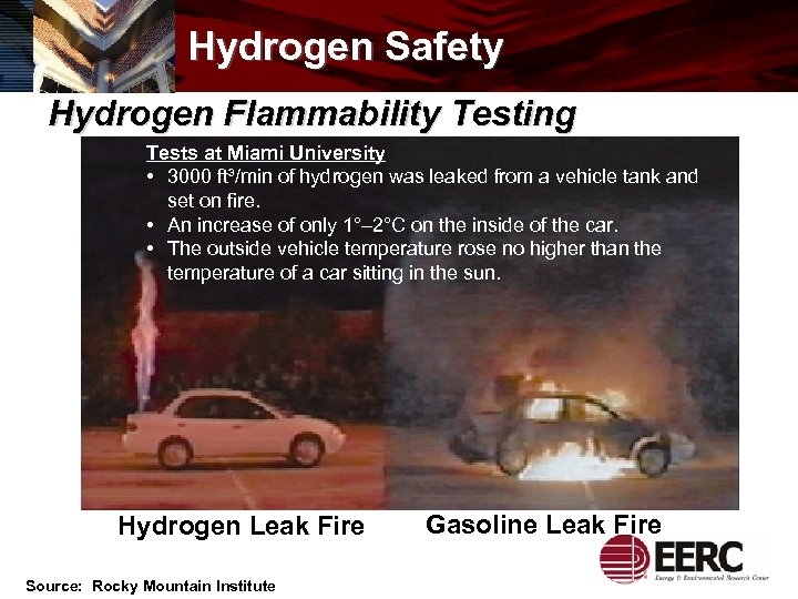 Hydrogen Safety Hydrogen Flammability Testing Tests at Miami University • 3000 ft³/min of hydrogen