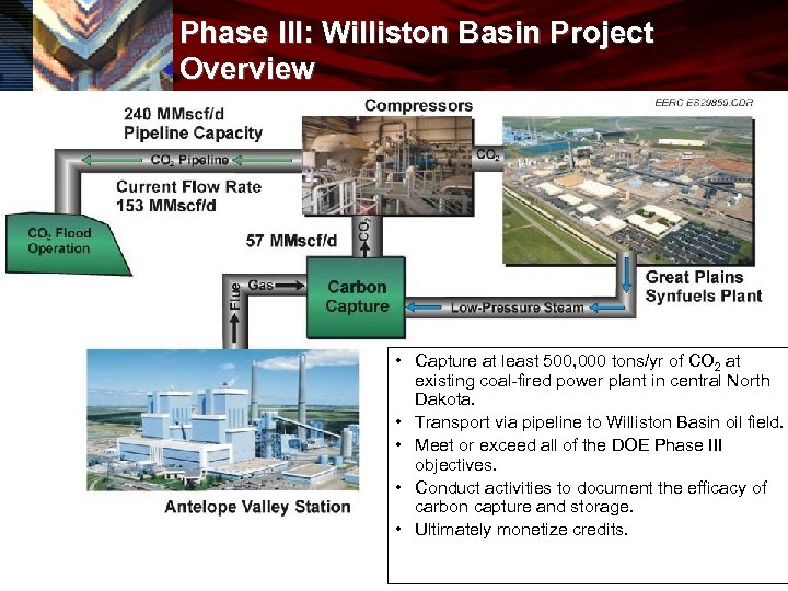 Phase III: Williston Basin Project Overview • Capture at least 500, 000 tons/yr of