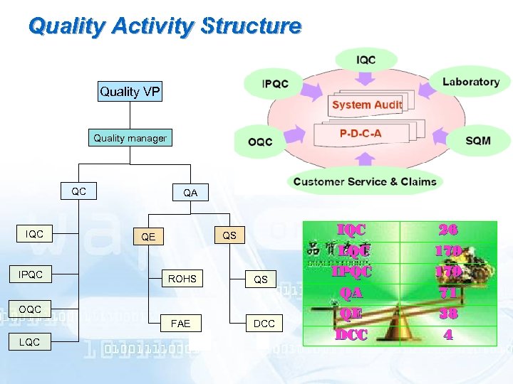Quality Activity Structure Quality VP Quality manager QC IPQC QA QS QE ROHS QS