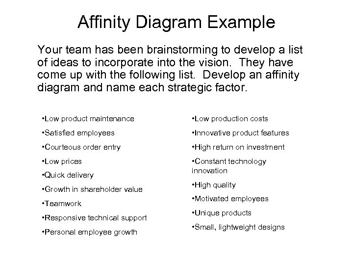 Affinity Diagram Example Your team has been brainstorming to develop a list of ideas