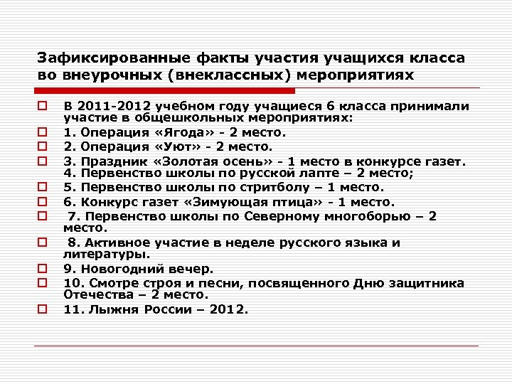 Зафиксированные факты участия учащихся класса во внеурочных (внеклассных) мероприятиях o o o В 2011