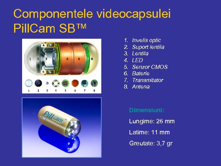 Componentele videocapsulei Pill. Cam SB™ 1. 2. 3. 4. 5. 6. 7. 8. Invelis