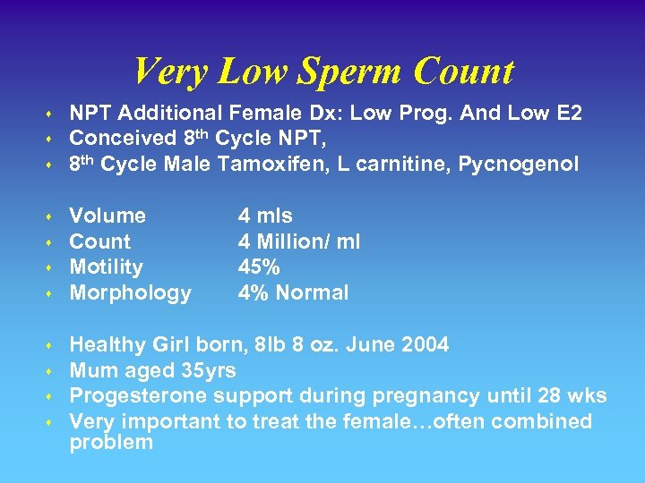 Very Low Sperm Count s s s NPT Additional Female Dx: Low Prog. And