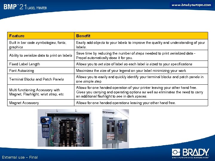 www. bradyeurope. com Features and Benefits Feature Benefit Built in bar code symbologies, fonts,