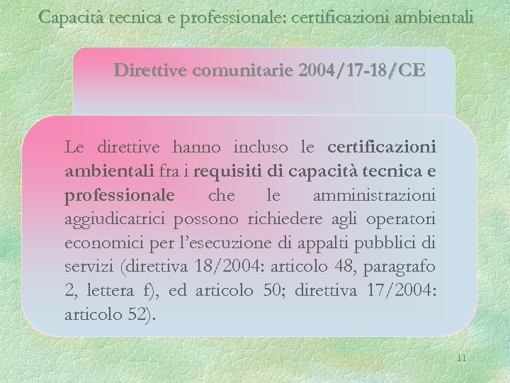 Capacità tecnica e professionale: certificazioni ambientali Direttive comunitarie 2004/17 -18/CE Le direttive hanno incluso