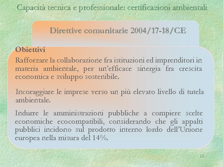 Capacità tecnica e professionale: certificazioni ambientali Direttive comunitarie 2004/17 -18/CE Obiettivi Rafforzare la collaborazione